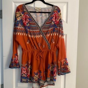 Flying Tomato- Burnt Orange Aztec Romper with bell sleeves, size Large